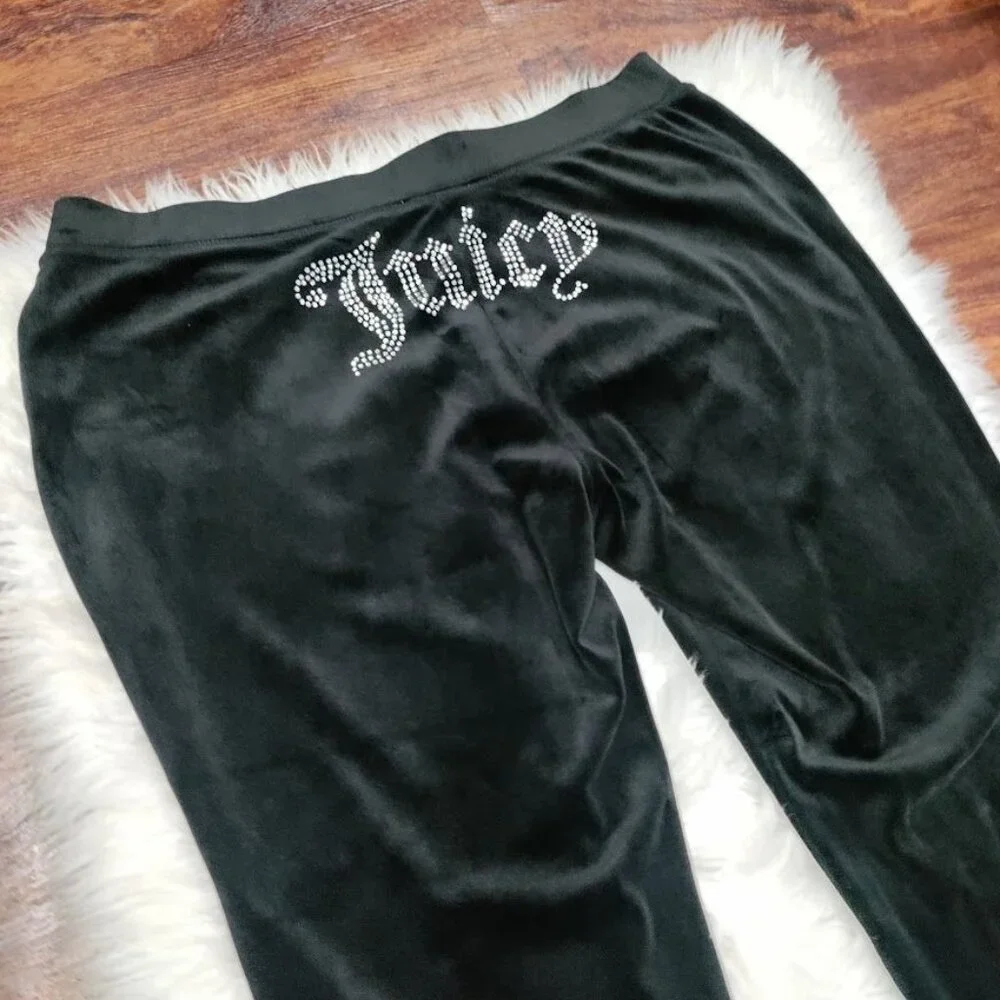 Juicy Couture Womens M/L Low Waist Velour Rhinestone Logo Wide Leg Pants Black - Picture 2 of 11